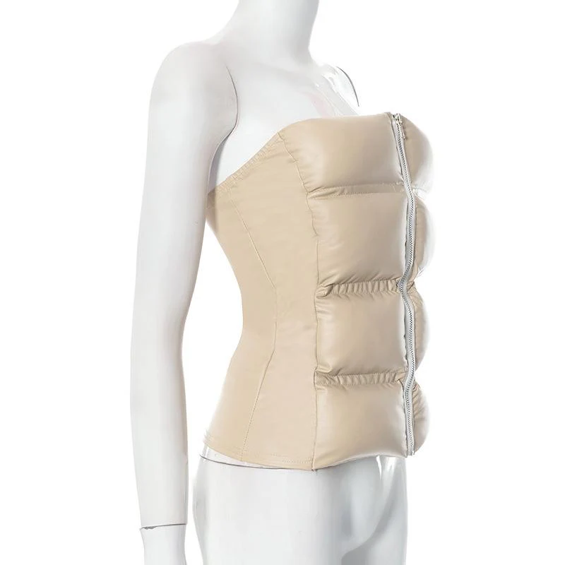 Zip-up PU leather solid winter tube top y2k 90s Revival Techno Fashion - Image 3