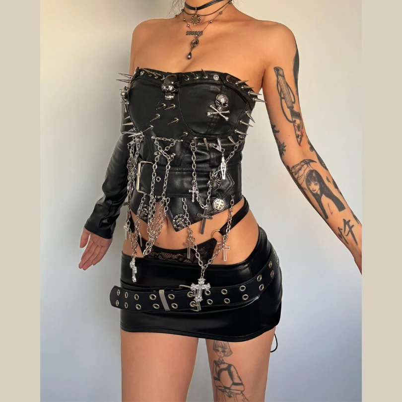 Zip-up rivet metal chain skull zip-up tube top