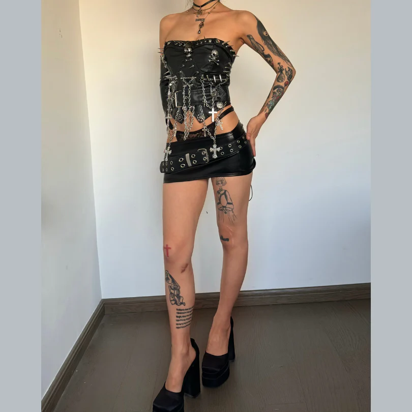 Zip-up rivet metal chain skull zip-up tube top - Image 2