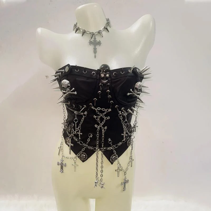 Zip-up rivet metal chain skull zip-up tube top - Image 3