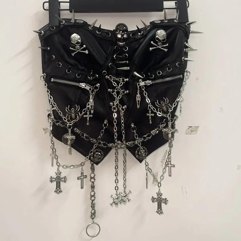 Zip-up rivet metal chain skull zip-up tube top - Image 4
