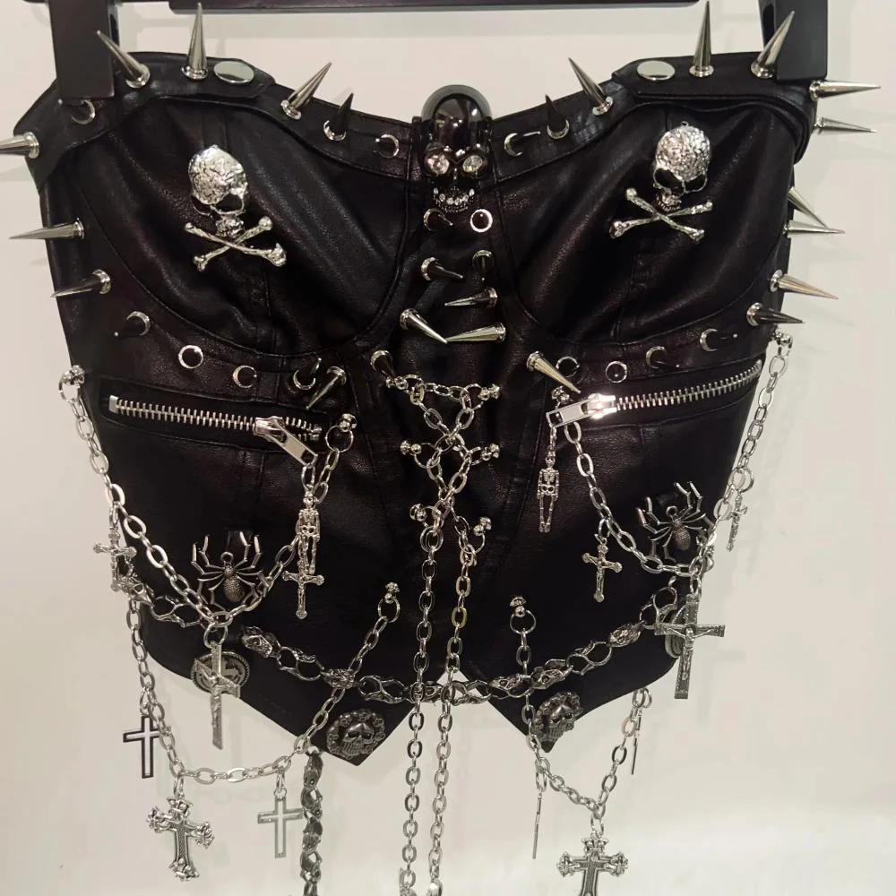 Zip-up rivet metal chain skull zip-up tube top - Image 5