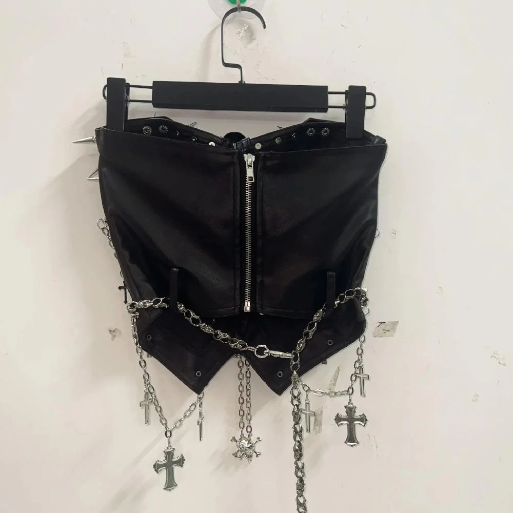 Zip-up rivet metal chain skull zip-up tube top - Image 6